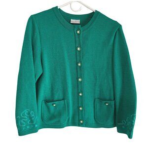 Vintage Cardigan Womens Medium Green Wool blend Knit Made Germany